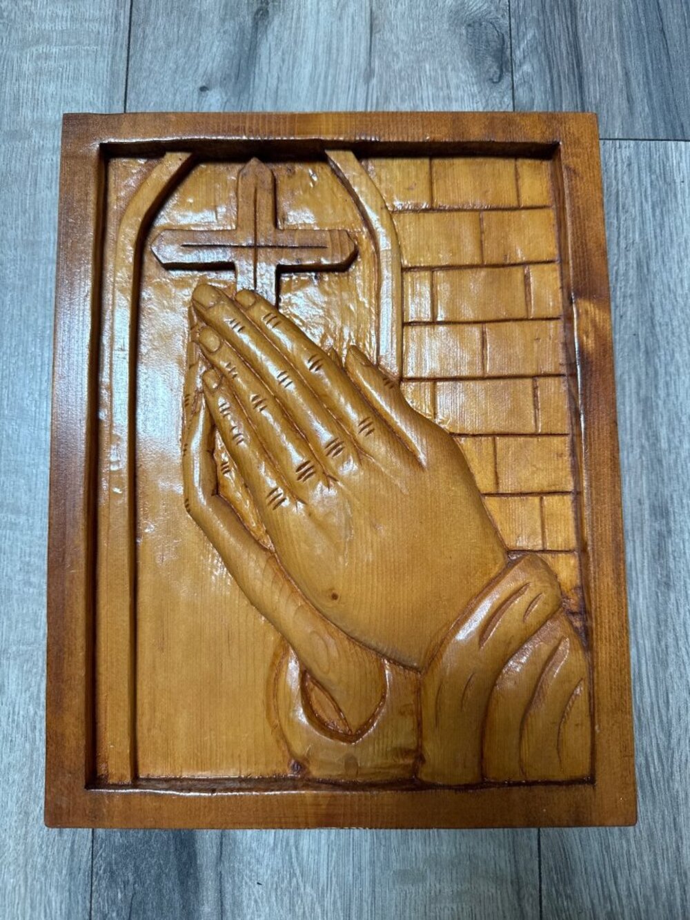 Hand-Carved Wooden Wall Art Praying Hands & Cross Design Signed R. Hackett 95